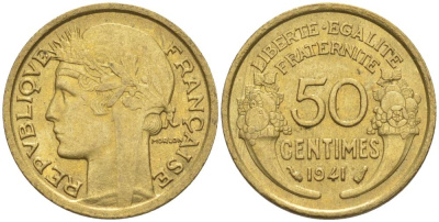 ФРАНЦИЯ 50 САНТИМОВ 1941 ТИП MORLON KM 894.1, LE FRANC 192.18 алюминиевая бронза 44-635