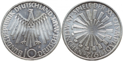 ФРГ 10 МАРОК 1972 F, ОЛИМПИАДА, СПИРАЛЬ KM 134.1, J.401b серебро UNC 1520-1422