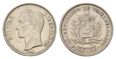 Венесуэла 1 боливар 1967 Симон Боливар, год-тип Y 42 никель 4132-734