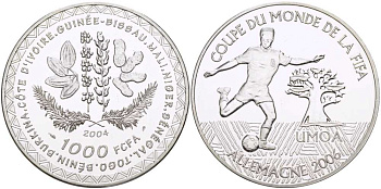 Валютное сообщество стран Западной Африки 1000 франков 2004 чемпионат мира по футболу в Германии 2006 года, FIFA KM 17 серебро PROOF 11-168-22