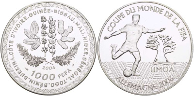 Валютное сообщество стран Западной Африки 1000 франков 2004 чемпионат мира по футболу в Германии 2006 года, FIFA KM 17 серебро PROOF 11-168-22