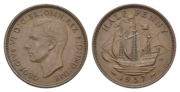Великобритания 1/2 пенни 1937 Георг VI (1936-1952) KM 844, Spink 4115 бронза 4699-421