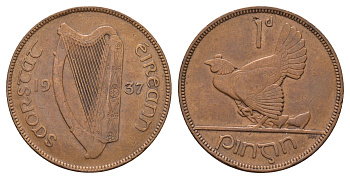 Ирландия 1 пенни 1937 курица с цыплятами KM 3 бронза 4672-523