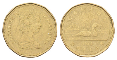 Канада 1 доллар 1988 Елизавета II (1952-2022), утка KM 157 никель плакированный позолоченной бронзой 4706-714