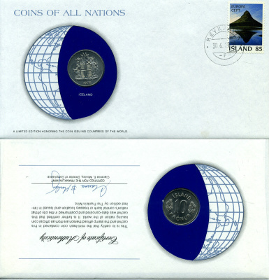 Исландия 10 крон 1978 конверт с маркой первого дня гашения, Coins of Nations KM 15 медно-никель UNC 4294-50-3