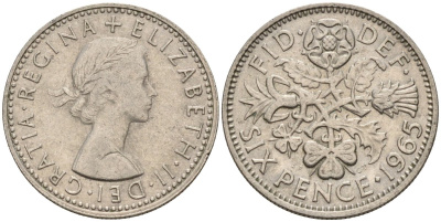 Великобритания 6 пенсов 1965 Елизавета II (1952-2022) KM 903, Spink 4149 медно-никель 4596-1048