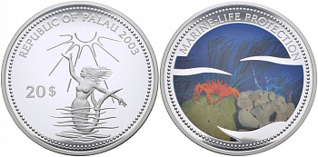 Палау 20 долларов 2003 русалка, краб на дне, цветная эмаль, 155 г., 5 унций серебро PROOF 11-097-21-2