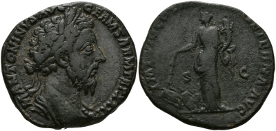 Римская Империя сестерций 176 - 177 Марк Аврелий IMP VIII COS III P P PAX AETERNA AVG Пация, персонификация Мира, сжигает оружие, Рим Very fine 21,87 гр RIC 1202 (as) бронза 1073-7-54