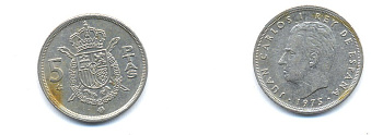 ИСПАНИЯ 5 ПЕСЕТ 1979 KM 807 медно-никель 54-1757
