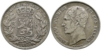 Бельгия 5 франков 1850 Леопольд I (1831-1865) KM 17 серебро 1066-5-41