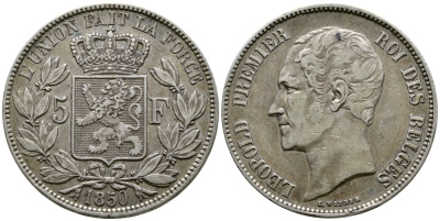 Бельгия 5 франков 1850 Леопольд I (1831-1865) KM 17 серебро 1066-5-41