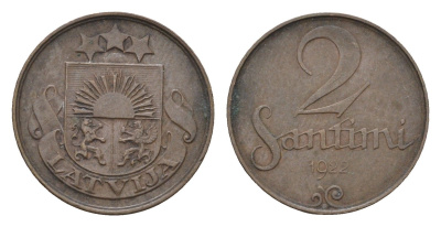 Латвия 2 сантима 1922 KM 2 бронза 4689-916