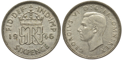 Великобритания 6 пенсов 1946 Георг VI (1936-1952) KM 852, Spink 4084 серебро 4538-621