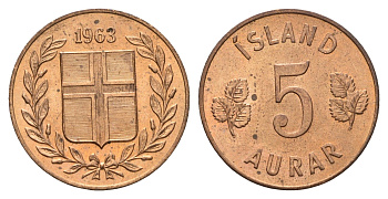 Исландия 5 эйре 1963 KM 9 бронза UNC 4691-335