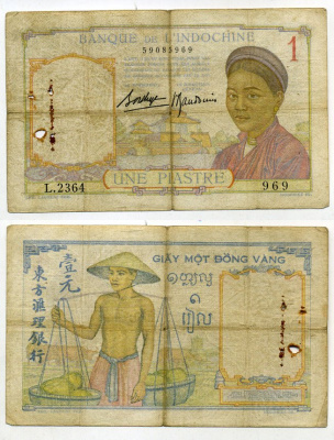 Французский Индокитай 1 пиастр ND (1932-1949) Pick 54 c бумага 8615-22-1-1