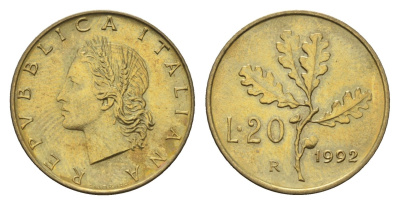 Италия 20 лир 1992 R, дубовые листья KM 97 алюминиевая бронза 4685-146