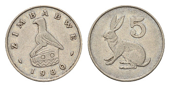 Зимбабве 5 центов 1980 рыжий кролик KM 2 медно-никель 4682-718