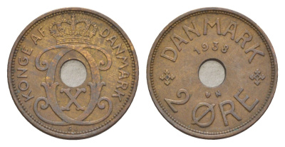 Дания 2 эре 1938 N, Кристиан X (1912-1947) KM 827 бронза 4639-759