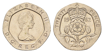 Великобритания 20 пенсов 1982 Елизавета II (1952-2022) KM 931, Spink 4230 (G1) медно-никель aUNC 4187-847