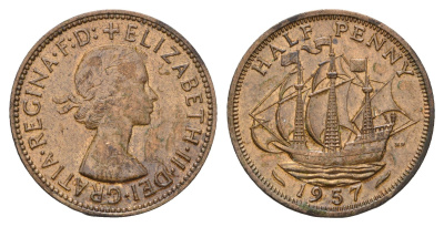 Великобритания 1/2 пенни 1957 Елизавета II (1952-2022) KM 896, Spink 4158 бронза 94-723