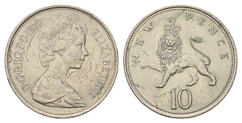 Великобритания 10 новых пенсов 1971 Елизавета II (1952-2022) KM 912, Spink 4231 (F1) медно-никель 4140-441
