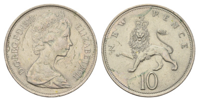 Великобритания 10 новых пенсов 1971 Елизавета II (1952-2022) KM 912, Spink 4231 (F1) медно-никель 4140-441
