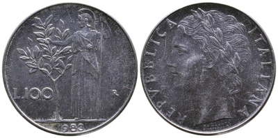 Италия 100 лир 1983 R, Афина в доспехах KM 96.1 нержавеющая сталь 259-652