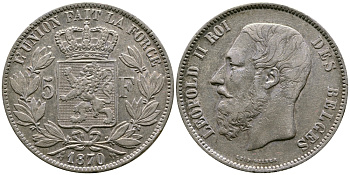 Бельгия 5 франков 1870 Леопольд II (1865-1909) KM 24  серебро  1066-5-52