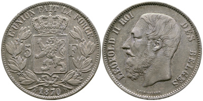 Бельгия 5 франков 1870 Леопольд II (1865-1909) KM 24  серебро  1066-5-52