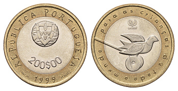 Португалия 200 эскудо 1999 UNICEF, голубь мира KM 720 биметалл UNC 4678-837