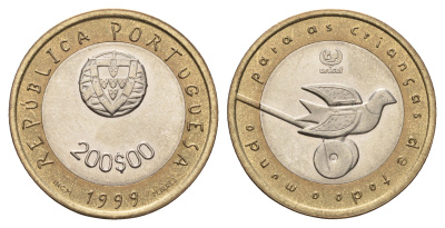 Португалия 200 эскудо 1999 UNICEF, голубь мира KM 720 биметалл UNC 4678-837