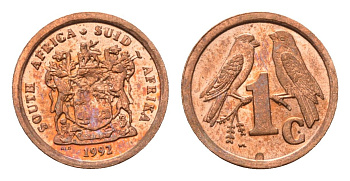 ЮАР 1 цент 1992 герб, капские воробьи KM 132 сталь плакированная медью UNC 4694-113