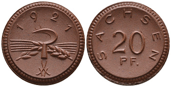 Саксония 20 пфеннигов 1921 колосья и серп J. N 53 фарфор UNC 1094-8-24