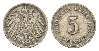 Германия 5 пфеннигов 1900 A KM 11, J. 12 медно-никель 4696-613