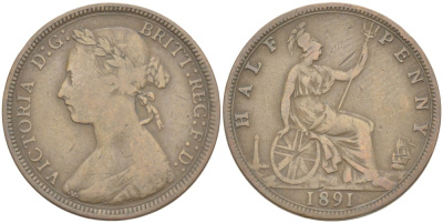 Великобритания 1/2 пенни 1891 Виктория (1837-1901) KM 754, Spink 3956 бронза 4543-1227