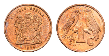 ЮАР 1 цент 1999 герб, капские воробьи KM 170 сталь плакированная медью UNC 4694-244