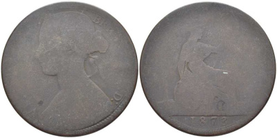 Великобритания 1 пенни 1873 Виктория (1837-1901) KM 749.2, Spink 3954 бронза 111-822