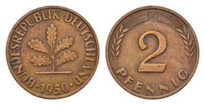 ФРГ 2 пфеннига 1950 F KM 106, J. 381 бронза 4594-147