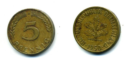 ФРГ 5 ПФЕННИГОВ 1950 J KM 107, J.382 сталь плакированная латунью 46-232
