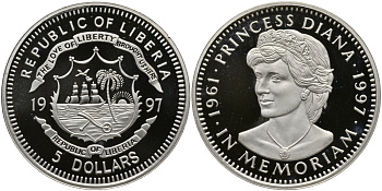 ЛИБЕРИЯ 5 ДОЛЛАРОВ 1997 МОНЕТА ПАМЯТИ, ЛЕДИ ДИАНА (1961-1997) KM 445 медно-никель PROOF 00-00