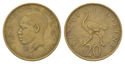 Танзания 20 центов 1966 KM 2 никель латунь 4663-234