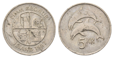 Исландия 5 крон 1987 дельфины KM 28 медно-никель 4589-452