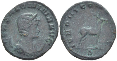 Римская Империя антониниан 267 - 268 Салонина, жена Галлиена, COR SALONINA AVG, бюст императрицы / IVNONI CONS AVG, козел, Рим RIC 14 биллон 1073-20-12