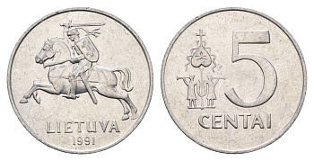 Литва 5 центов (сентов) 1991 год-тип KM 87 алюминий 4688-934