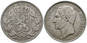 Бельгия 5 франков 1853 Леопольд I (1831-1865) KM 17 серебро 1066-20-43