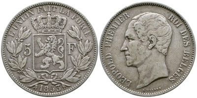 Бельгия 5 франков 1853 Леопольд I (1831-1865) KM 17 серебро 1066-20-43