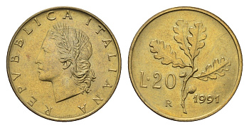 Италия 20 лир 1991 R, дубовые листья KM 97 алюминиевая бронза 4685-144