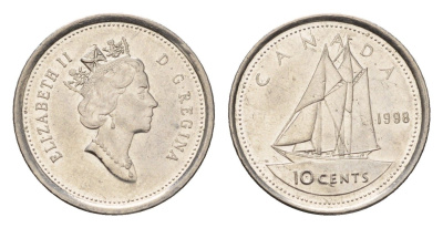 Канада 10 центов 1998 Елизавета II (1952-2022), парусник KM 183 никель 4689-569