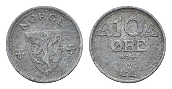 Норвегия 10 эре 1944 Хокон VII (1905-1957) KM 389 цинк 4136-757