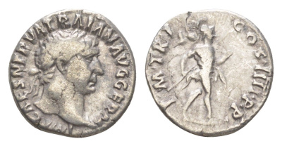 Римская Империя денарий 101-102 Траян, IMP CAES NERVA TRAIAN AVG GERM, бюст императора/P M TR P COS IIII P P, Марс, Рим RIC 52 серебро 1073-1-82